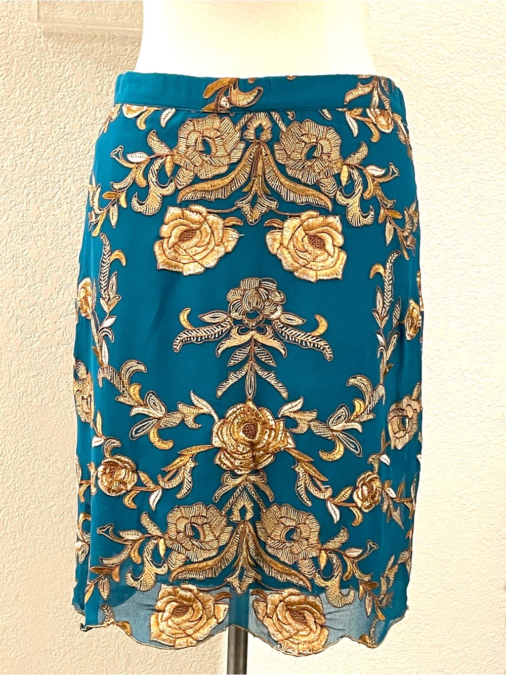 Yoana Baraschi for Anthropologie Teal Skirt Embroidered Gold Rosettes Size 2